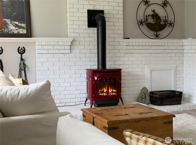 living room featuring a wood stove