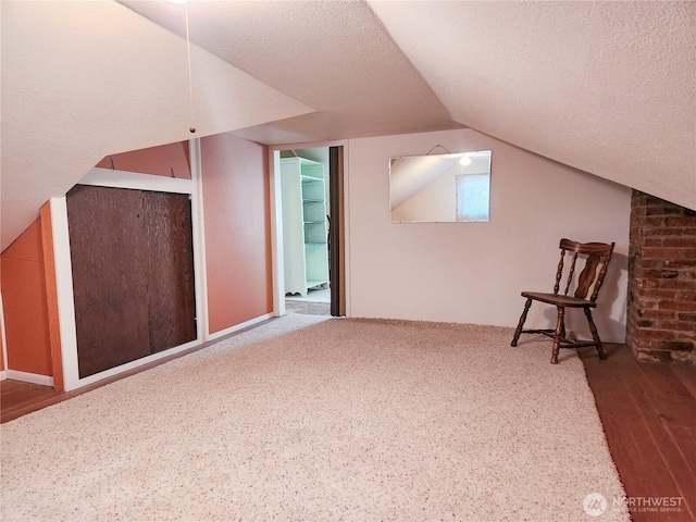 additional living space with a textured ceiling and vaulted ceiling