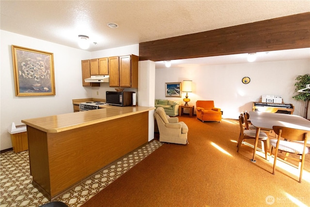 kitchen featuring electric range, brown cabinets, a peninsula, under cabinet range hood, and black microwave