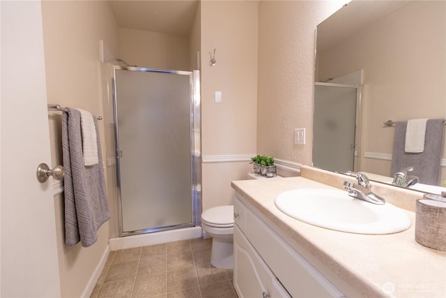 full bathroom with vanity, tile patterned flooring, a shower stall, and toilet