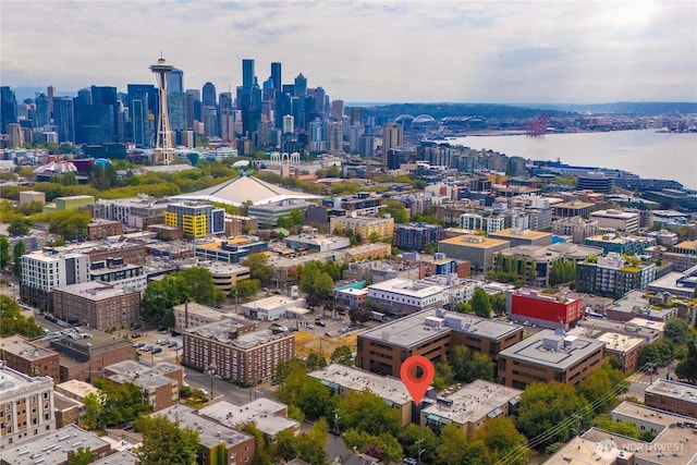 drone / aerial view featuring a view of city and a water view