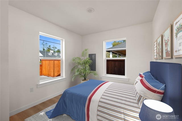 bedroom with multiple windows, wood finished floors, and baseboards