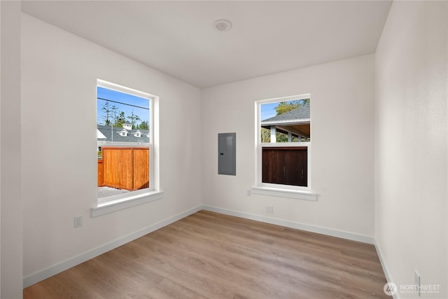 spare room featuring plenty of natural light, electric panel, baseboards, and wood finished floors