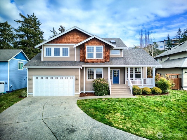 view of front of property featuring a porch, a shingled roof, a garage, driveway, and a front lawn