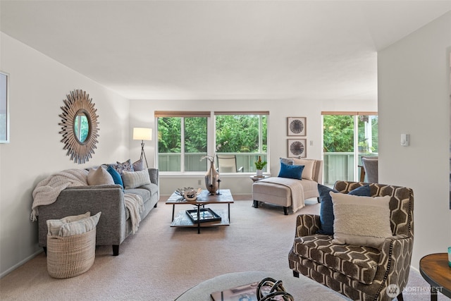 living room with carpet and baseboards