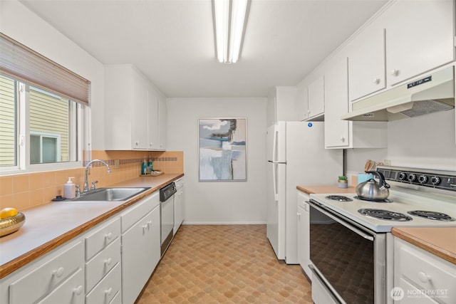 kitchen featuring white range with electric cooktop, stainless steel dishwasher, white cabinets, a sink, and under cabinet range hood