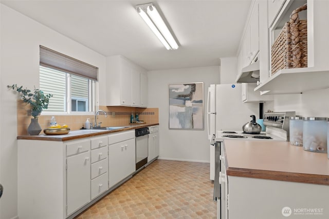 kitchen featuring tasteful backsplash, white cabinets, paneled dishwasher, under cabinet range hood, and range with electric stovetop