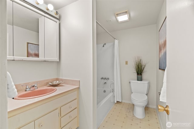 bathroom with toilet, vanity, baseboards, tile patterned floors, and shower / bathtub combination with curtain