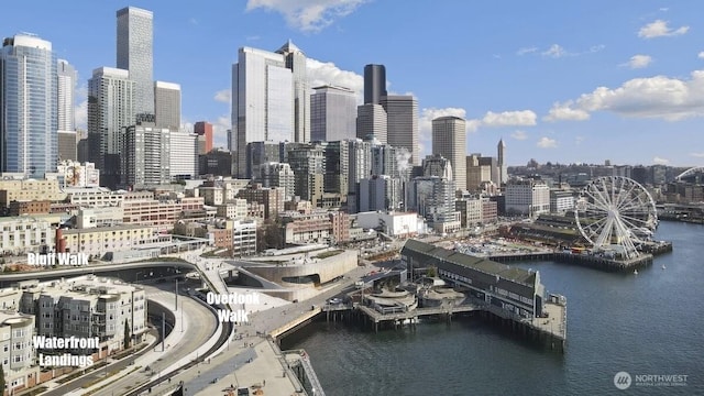 property's view of city with a water view