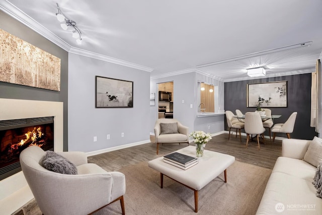 living area with wood finished floors, baseboards, a lit fireplace, ornamental molding, and track lighting