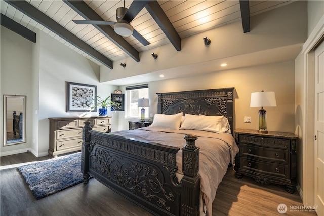 bedroom featuring wood finished floors, baseboards, vaulted ceiling with beams, ceiling fan, and wood ceiling