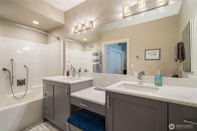 bathroom featuring recessed lighting, vanity, and shower / bath combination with curtain