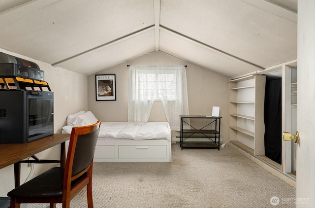 carpeted bedroom featuring vaulted ceiling