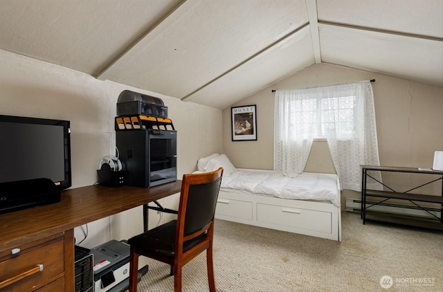 carpeted bedroom featuring vaulted ceiling with beams