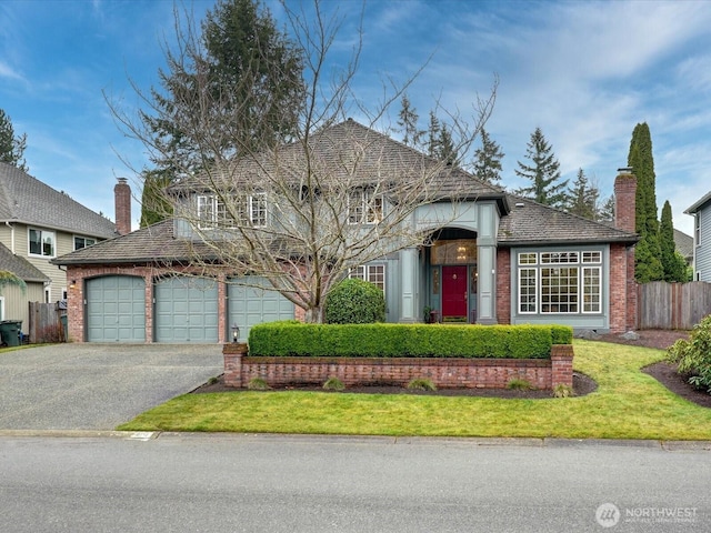 view of front facade featuring aphalt driveway, brick siding, fence, and a garage