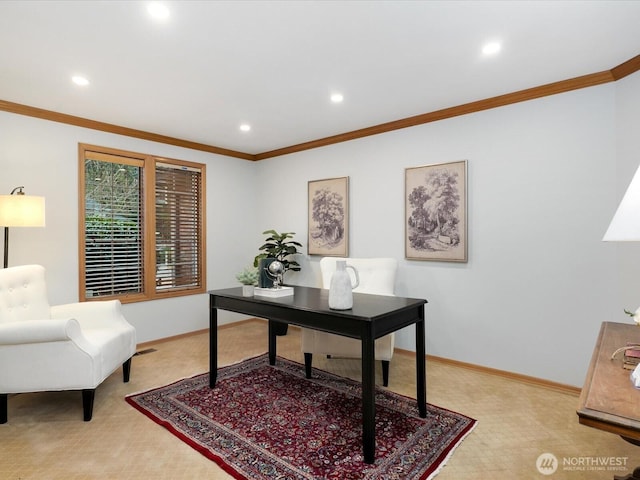 office space with baseboards, crown molding, and light colored carpet