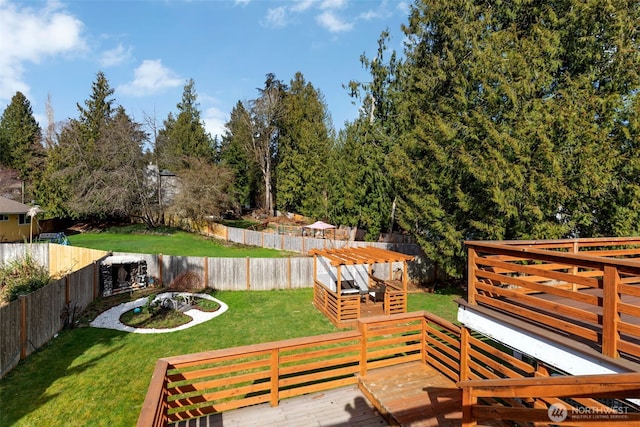 deck featuring a fenced backyard and a lawn