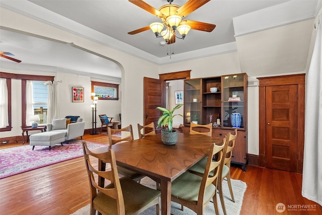 dining room with crown molding, wood finished floors, arched walkways, and ceiling fan