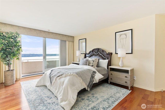 bedroom featuring light wood-style floors, access to exterior, and baseboards