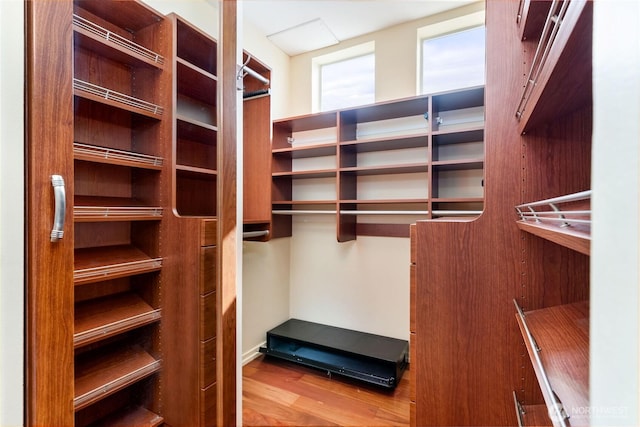 walk in closet with wood finished floors