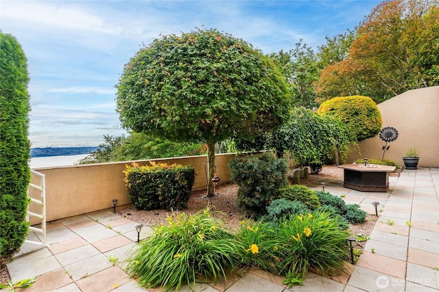 view of patio / terrace with fence and a fire pit