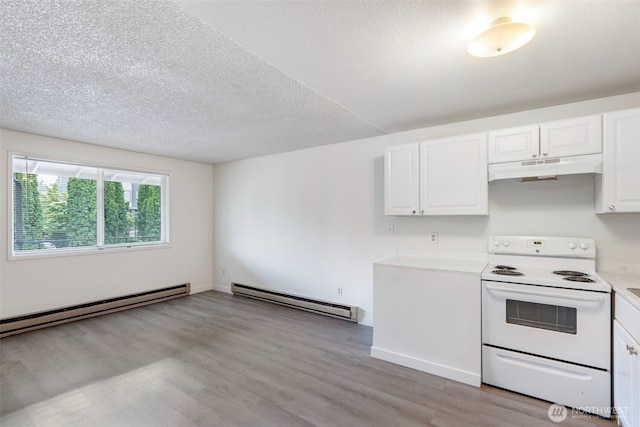 kitchen with white range with electric stovetop, white cabinets, light countertops, under cabinet range hood, and a baseboard heating unit