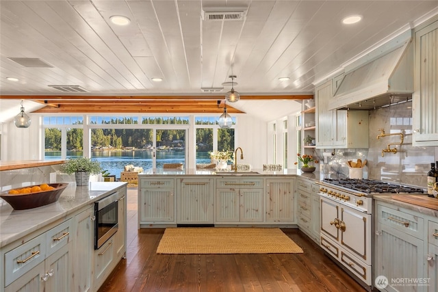 kitchen with stainless steel appliances, dark wood-type flooring, a sink, custom exhaust hood, and tasteful backsplash