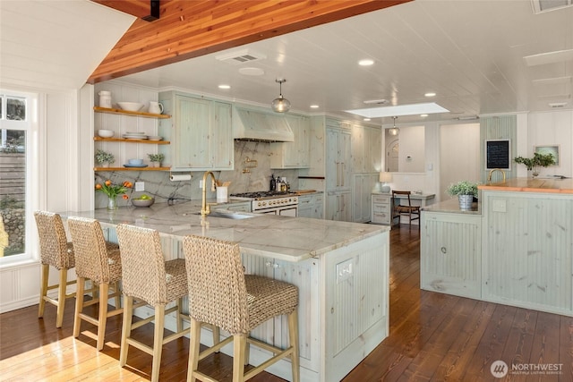 kitchen with decorative backsplash, dark wood-type flooring, a sink, premium range hood, and a peninsula