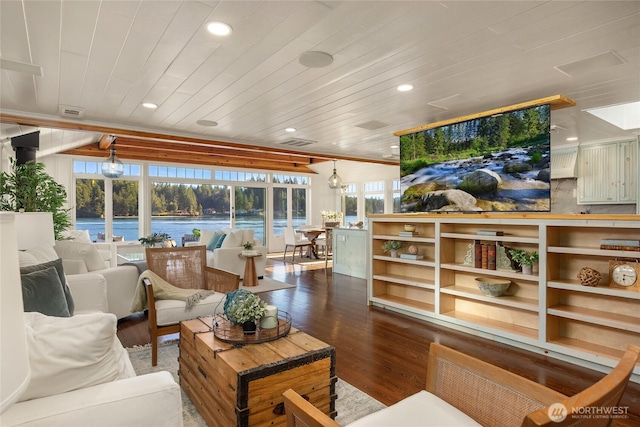 living area with wood ceiling, visible vents, wood finished floors, and recessed lighting