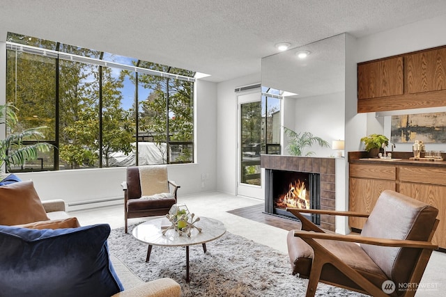 living area featuring carpet floors, a fireplace with flush hearth, a baseboard heating unit, and a textured ceiling