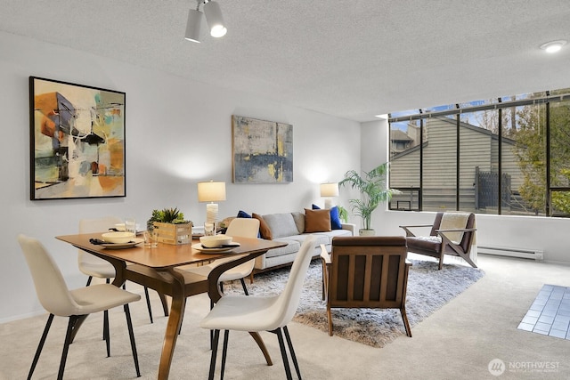 living room with a baseboard heating unit, a textured ceiling, and light colored carpet