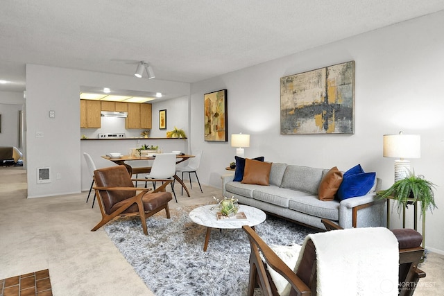 living room featuring light carpet, a textured ceiling, visible vents, and baseboards