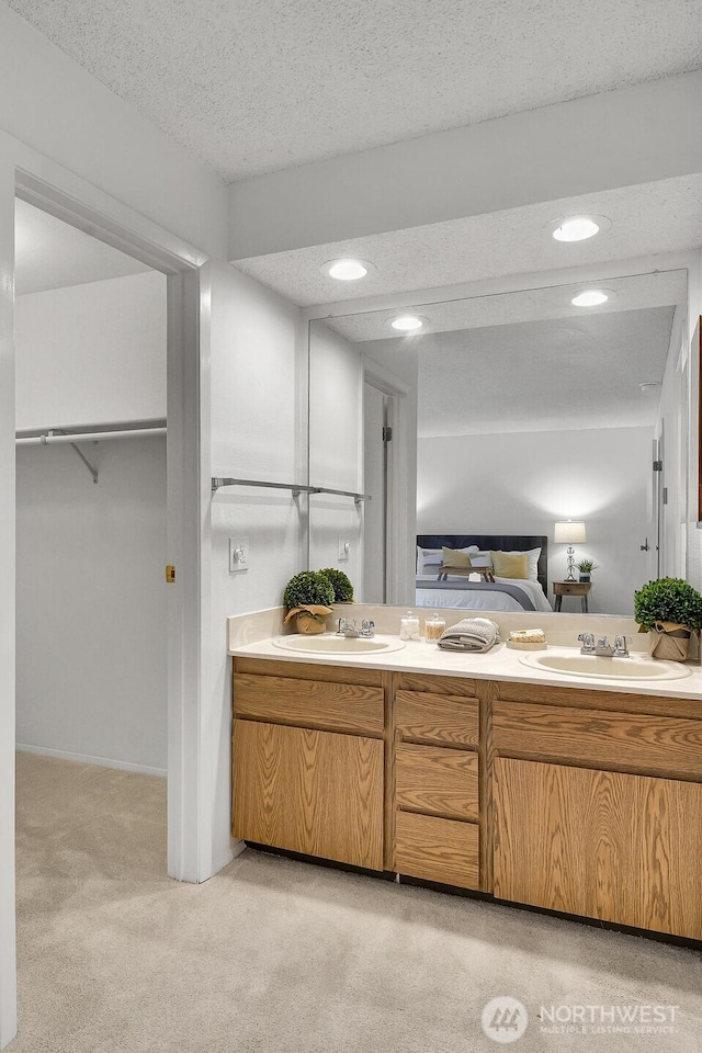 bathroom with carpet flooring, a sink, a textured ceiling, and double vanity