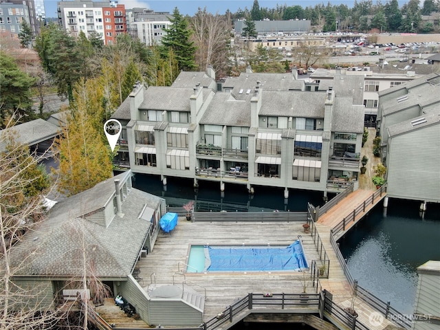 exterior space with a water view