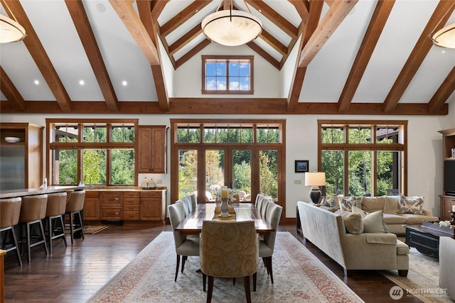 dining area with high vaulted ceiling, dark wood-style flooring, and beam ceiling