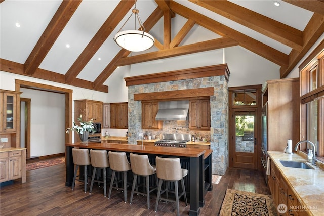 kitchen featuring wooden counters, dark wood-type flooring, a sink, range, and wall chimney exhaust hood