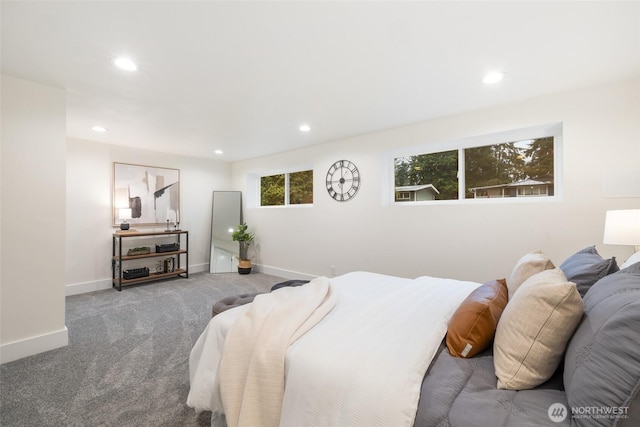 carpeted bedroom with baseboards and recessed lighting