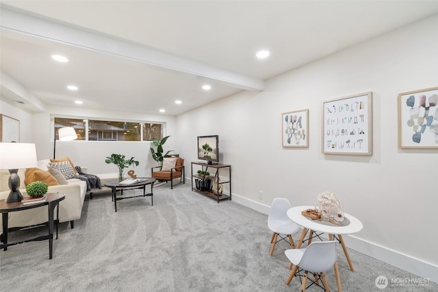 carpeted living area featuring recessed lighting, beam ceiling, and baseboards