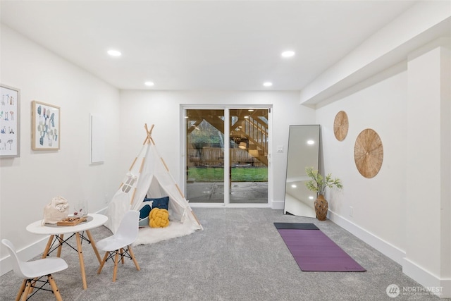 game room with baseboards, carpet floors, and recessed lighting