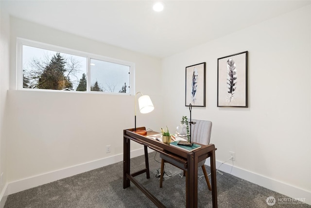 office with dark carpet and baseboards