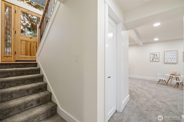 stairway with recessed lighting, carpet flooring, and baseboards