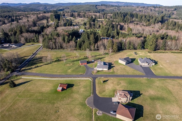 aerial view with a rural view, a mountain view, and a view of trees