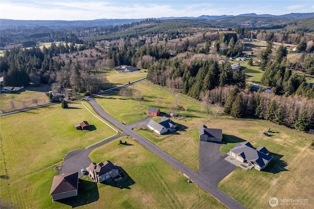 birds eye view of property with a rural view, a mountain view, and a view of trees