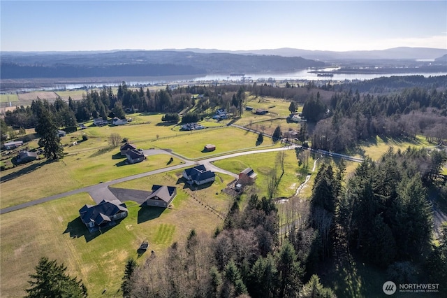 bird's eye view featuring a water view and a view of trees