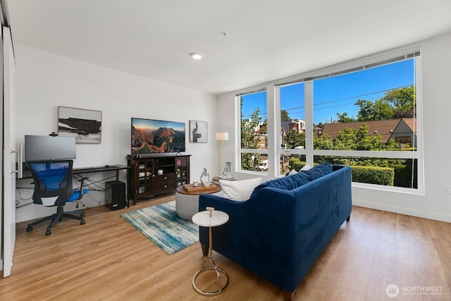 living room with light wood finished floors and baseboards