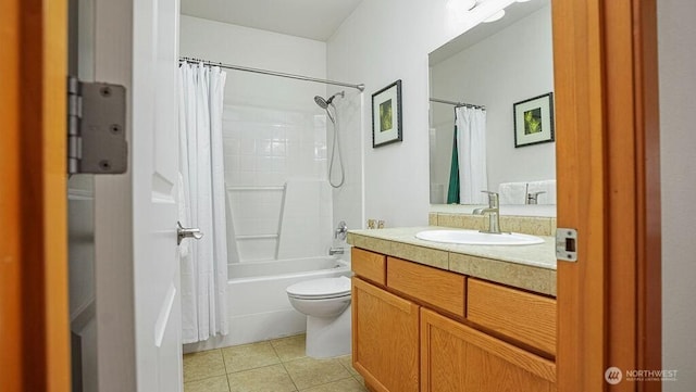 full bathroom with tile patterned floors, toilet, vanity, and shower / bath combination with curtain