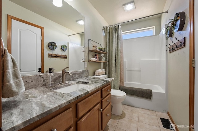 full bathroom with shower / bath combo, visible vents, toilet, tile patterned floors, and vanity
