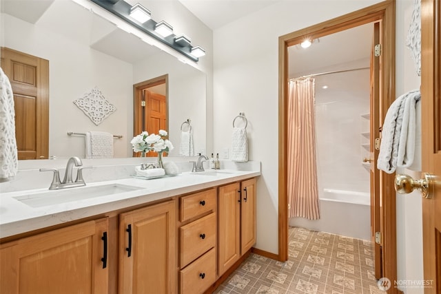 22426 SE 300th St, Black Diamond, WA 98010 - bathroom with baseboards, double vanity, shower / bathtub combination with curtain, and a sink