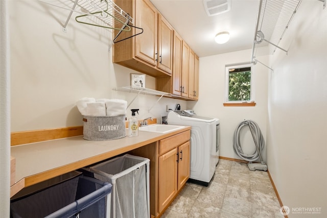 22426 SE 300th St, Black Diamond, WA 98010 - laundry area with baseboards, a sink, visible vents, cabinet space, and washing machine and dryer