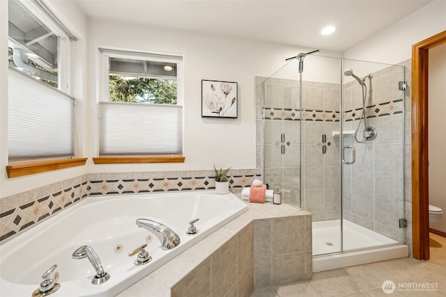 22426 SE 300th St, Black Diamond, WA 98010 - bathroom featuring a stall shower, a tub with jets, toilet, and tile patterned flooring
